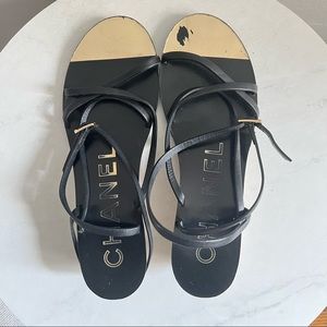 Chanel Black Strappy Wooden Wedge Sandals